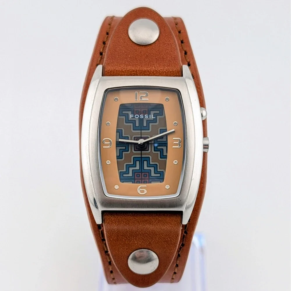 Fossil JR-8185 Y2K Flip Dial Unisex Cuff Watch Tan Leather Retro Futuristic 30mm